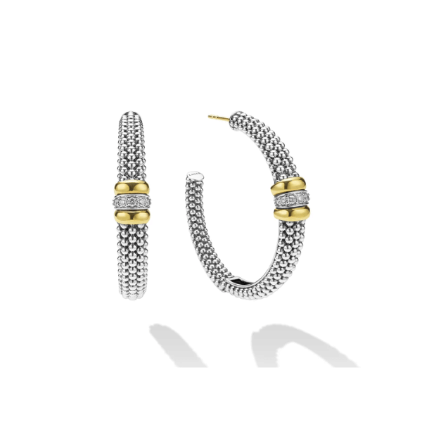 Lagos Two-Tone Large Caviar Beaded Diamond Hoop Earrings - 01-82164-DD