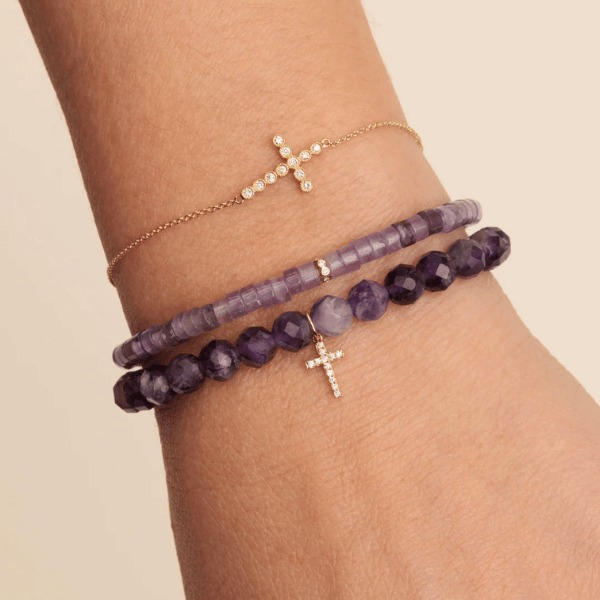 Sydney Evan Gold & Diamond Cross Amethyst Bead Bracelet