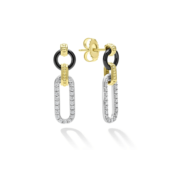 Lagos Signature Caviar 18K Gold And Black Ceramic Diamond Link Drop Earrings - 01-11237-CB