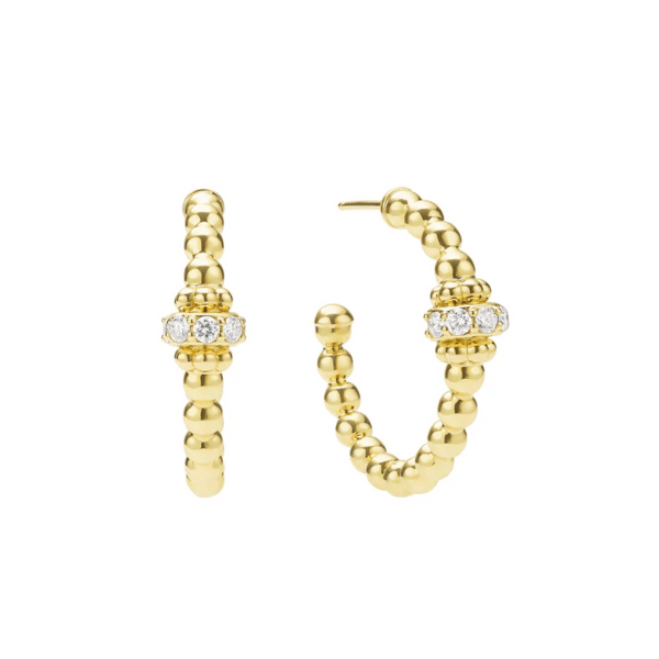 Lagos Caviar Gold 18K Beaded Diamond Rondelle Hoop Earrings - 01-11283-DD