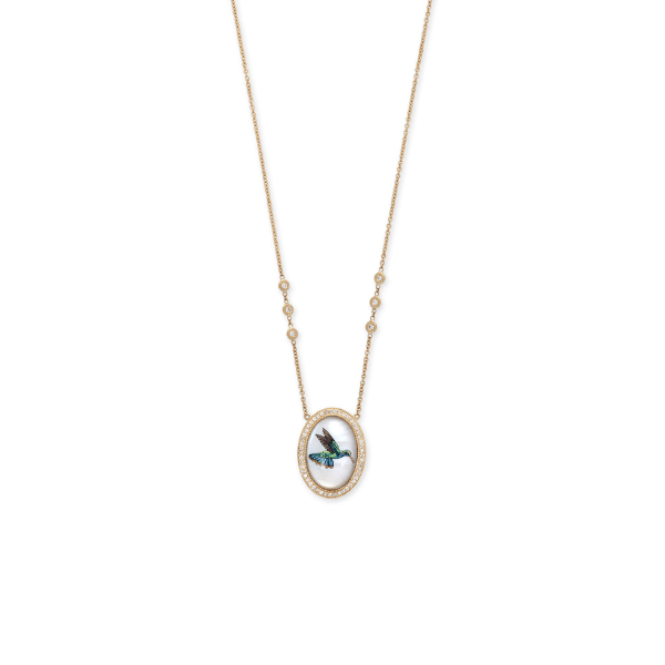 Jacquie Aiche 14K Yellow Gold Mother of Pearl Painted Hummingbird Necklace - 2305098