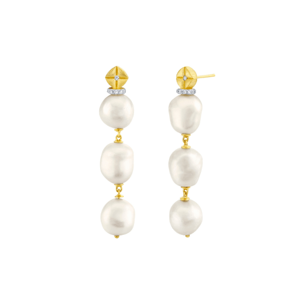 Sloane Street 18k Yellow Gold Triple Baroque Pearl Drop Earrings - SS-E009L-WP-WDCB-Y