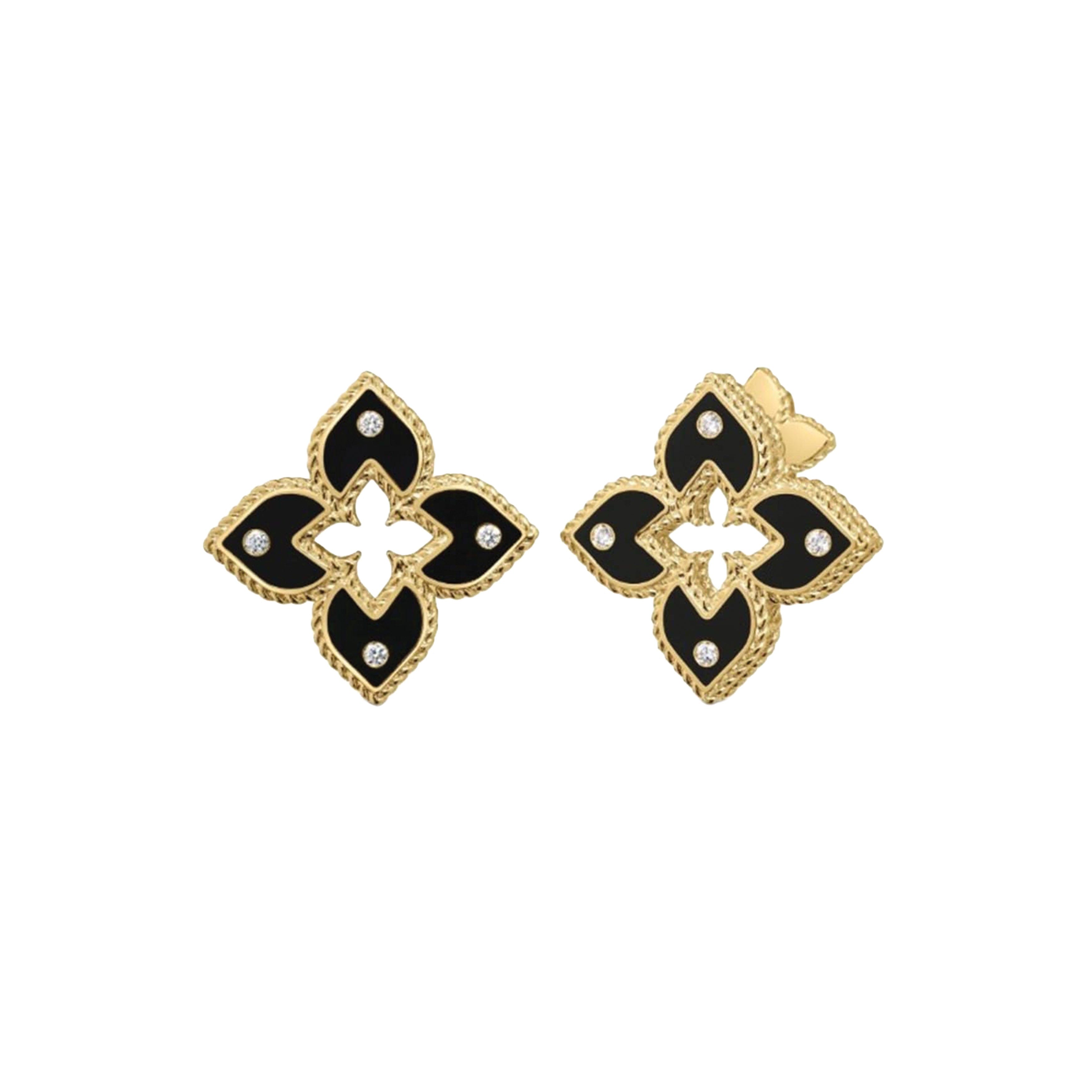 Roberto Coin 18k Yellow Gold Venetian Princess Diamond and Black Enamel Flower Stud Earrings