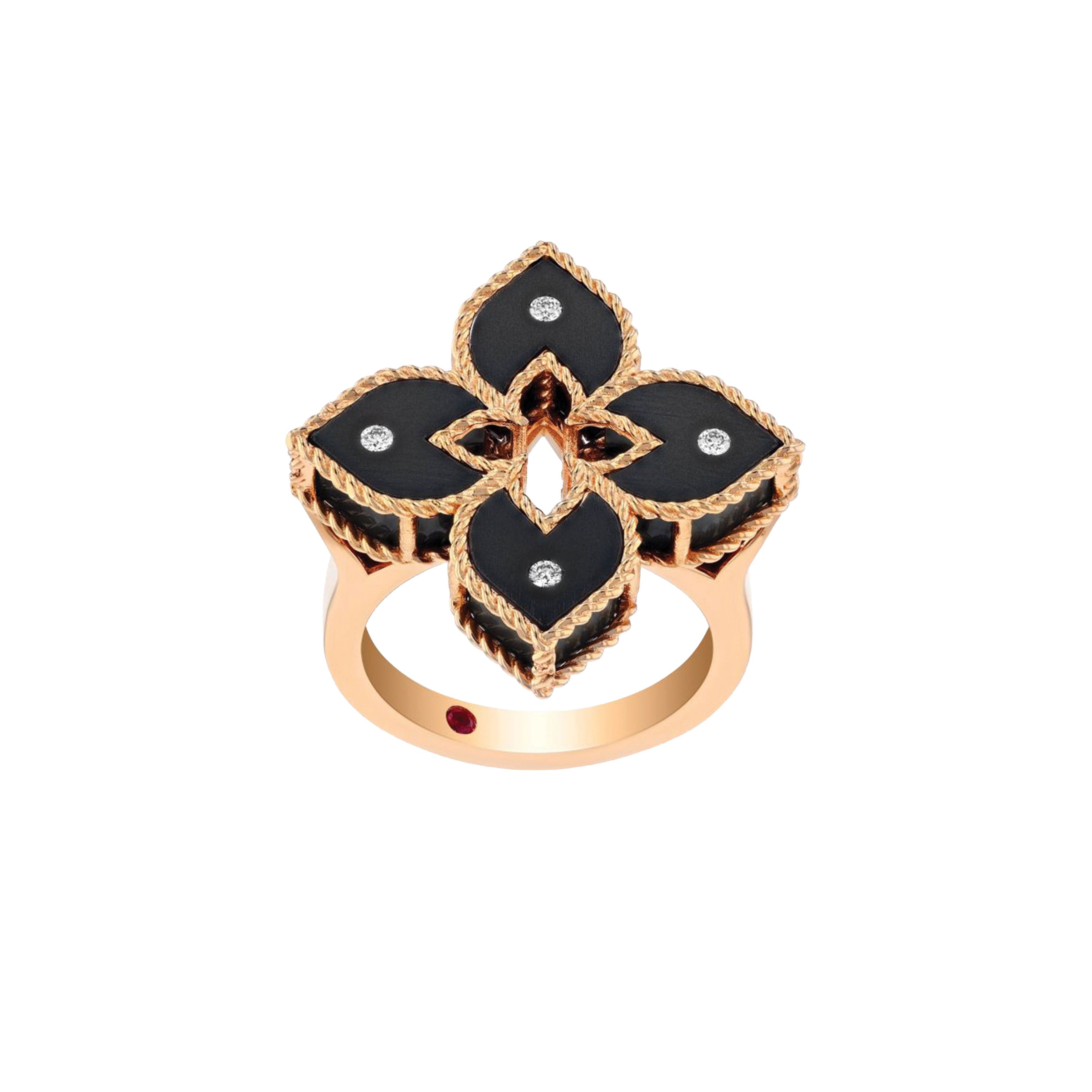 Roberto Coin 18k Yellow Gold Venetian Princess Diamond and Black Enamel Flower Ring