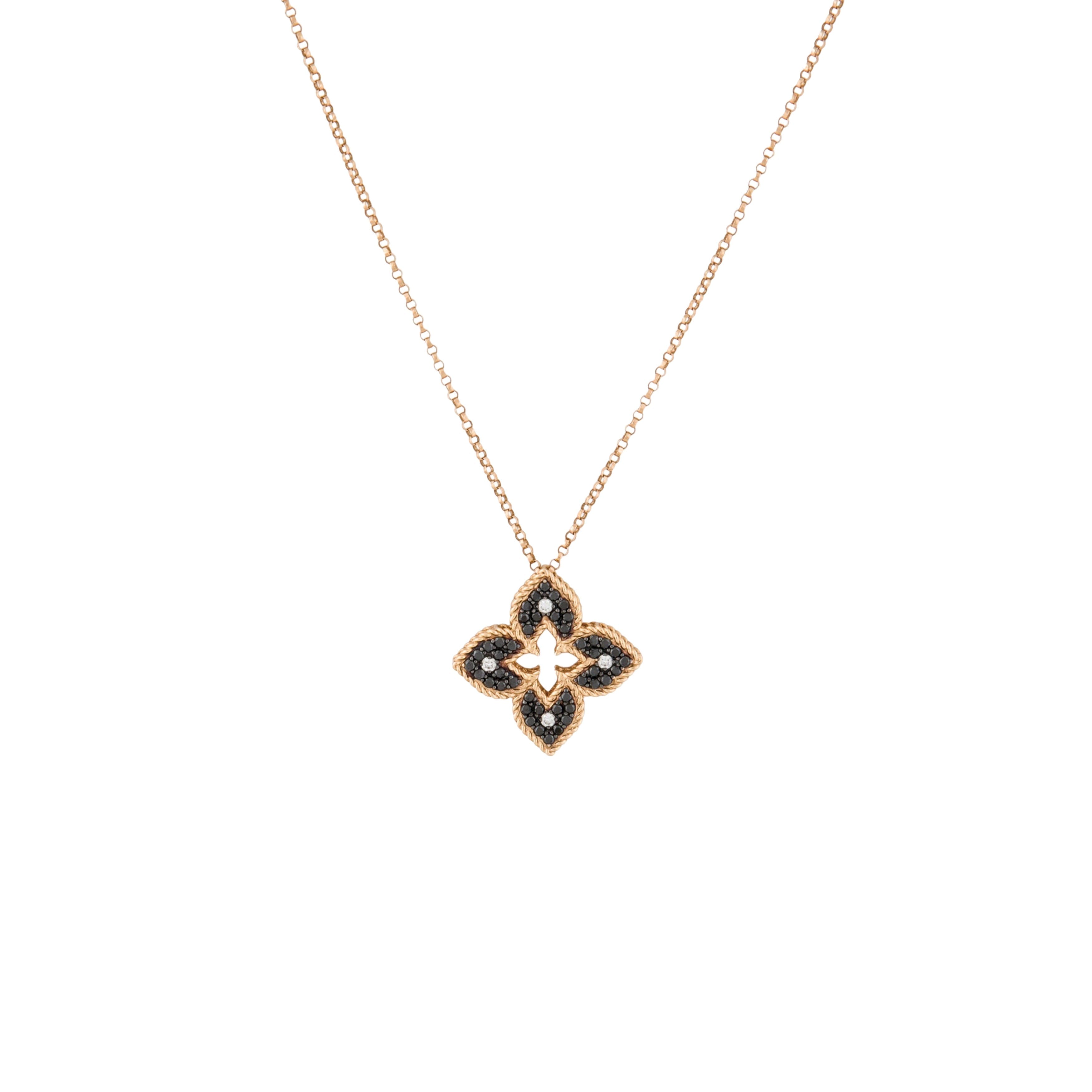 Roberto Coin 18k Yellow Gold Venetian Princess Diamond and Black Enamel Small Flower Necklace