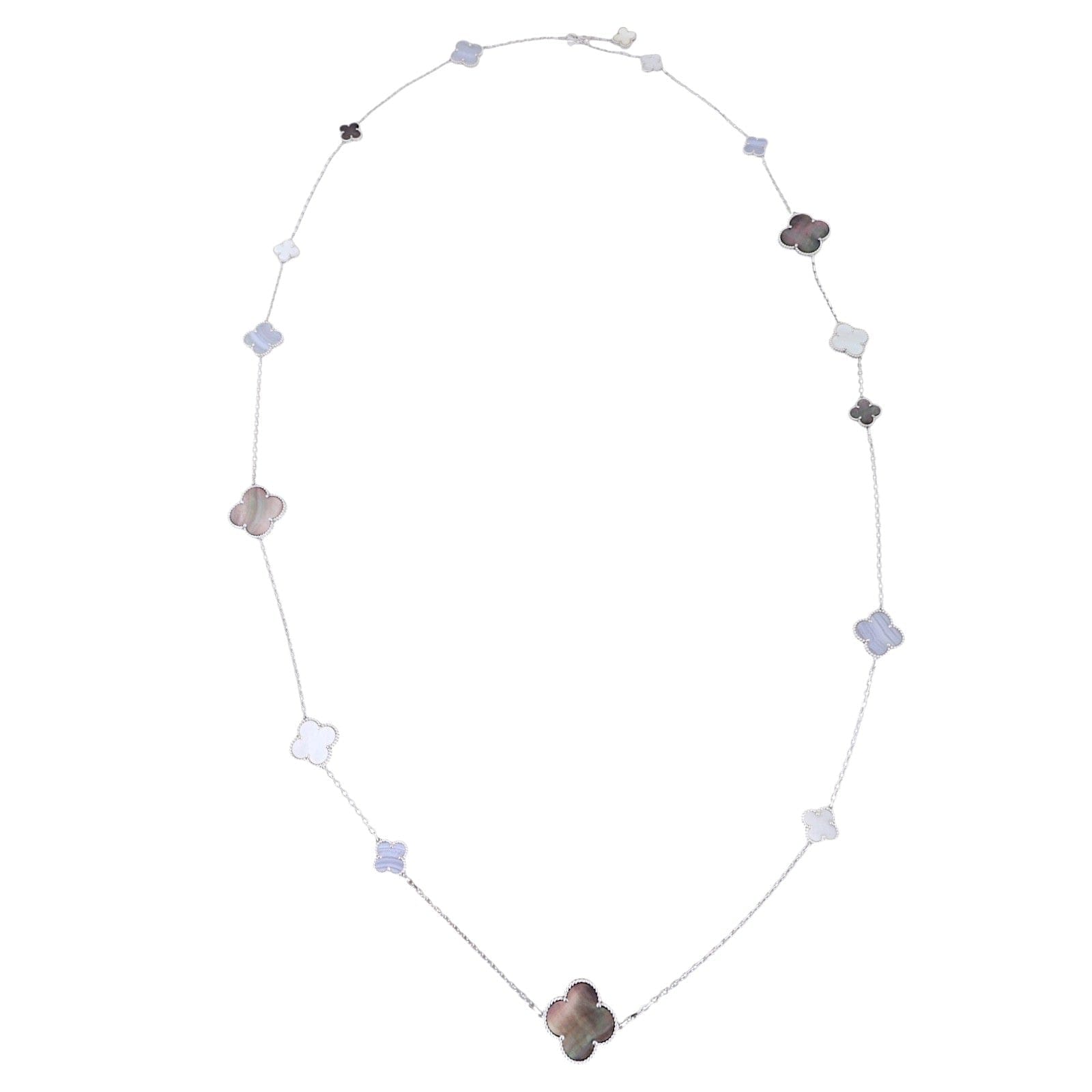 Van Cleef & Arpels Magic Alhambra 16 Motif Chalcedony & Mother of Pearl 18k White Gold Long Necklace