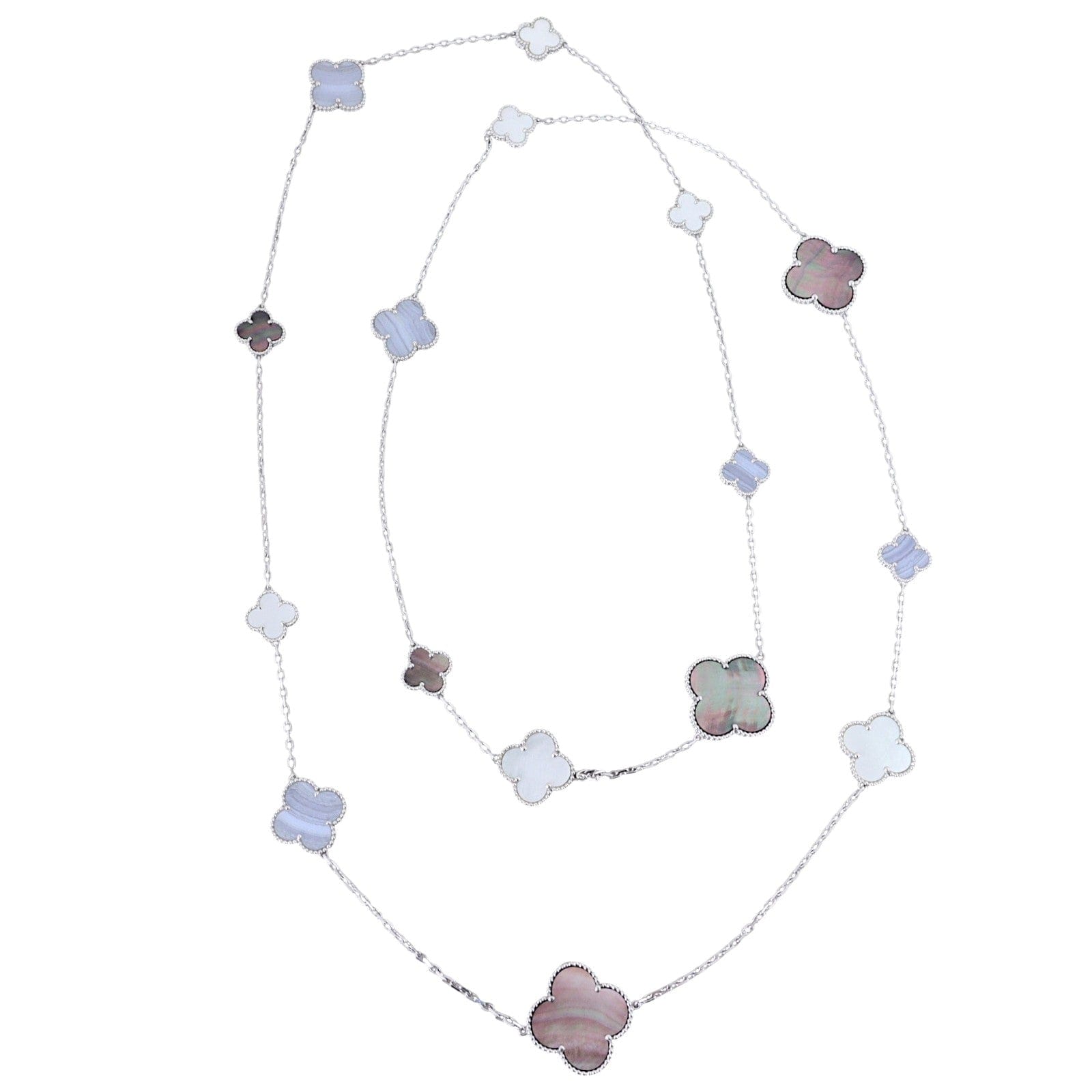 Van Cleef & Arpels Magic Alhambra 16 Motif Chalcedony & Mother of Pearl 18k White Gold Long Necklace