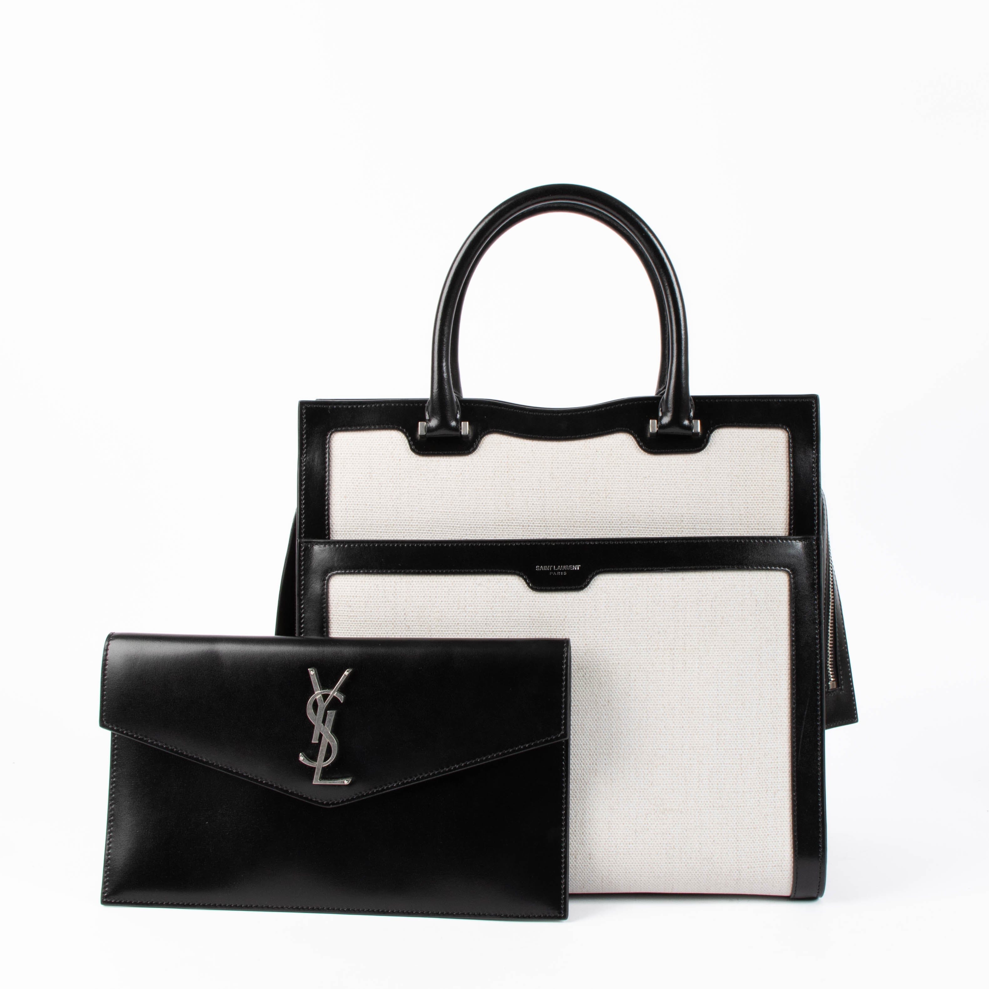 Saint Laurent Black & White Canvas/Leather Large Uptown Tote Bag