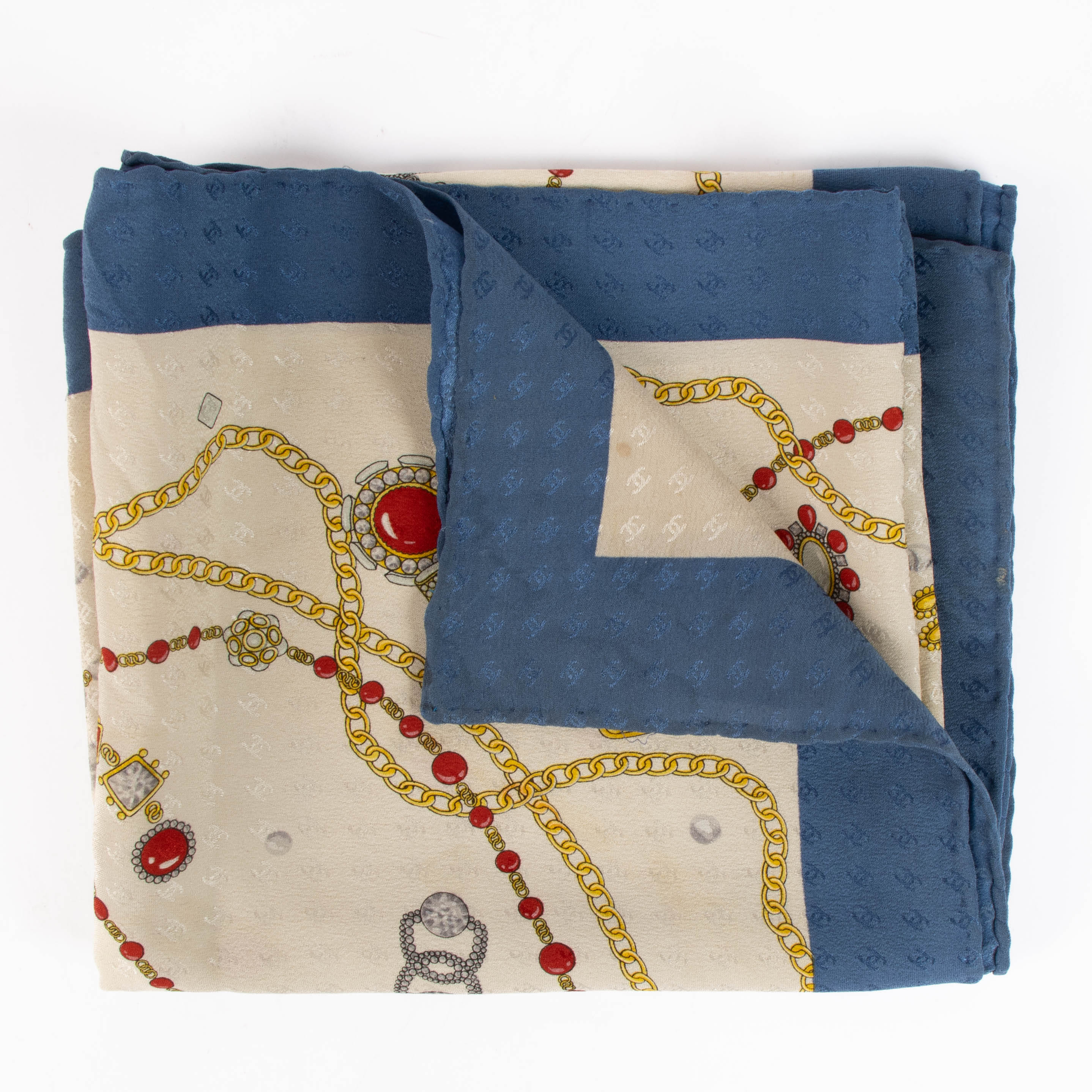 Chanel Vintage Blue Silk Printed Square Scarf
