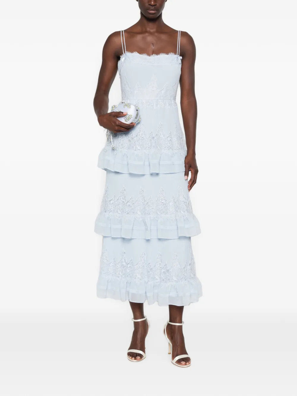 Self-Portrait lace-trimmed tiered midi dress