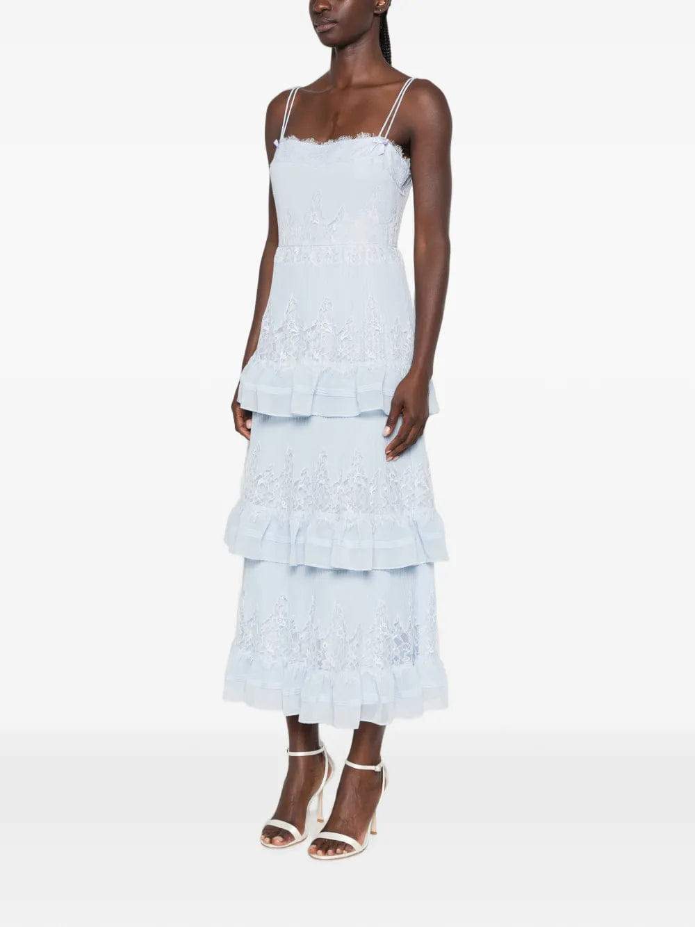 Self-Portrait lace-trimmed tiered midi dress