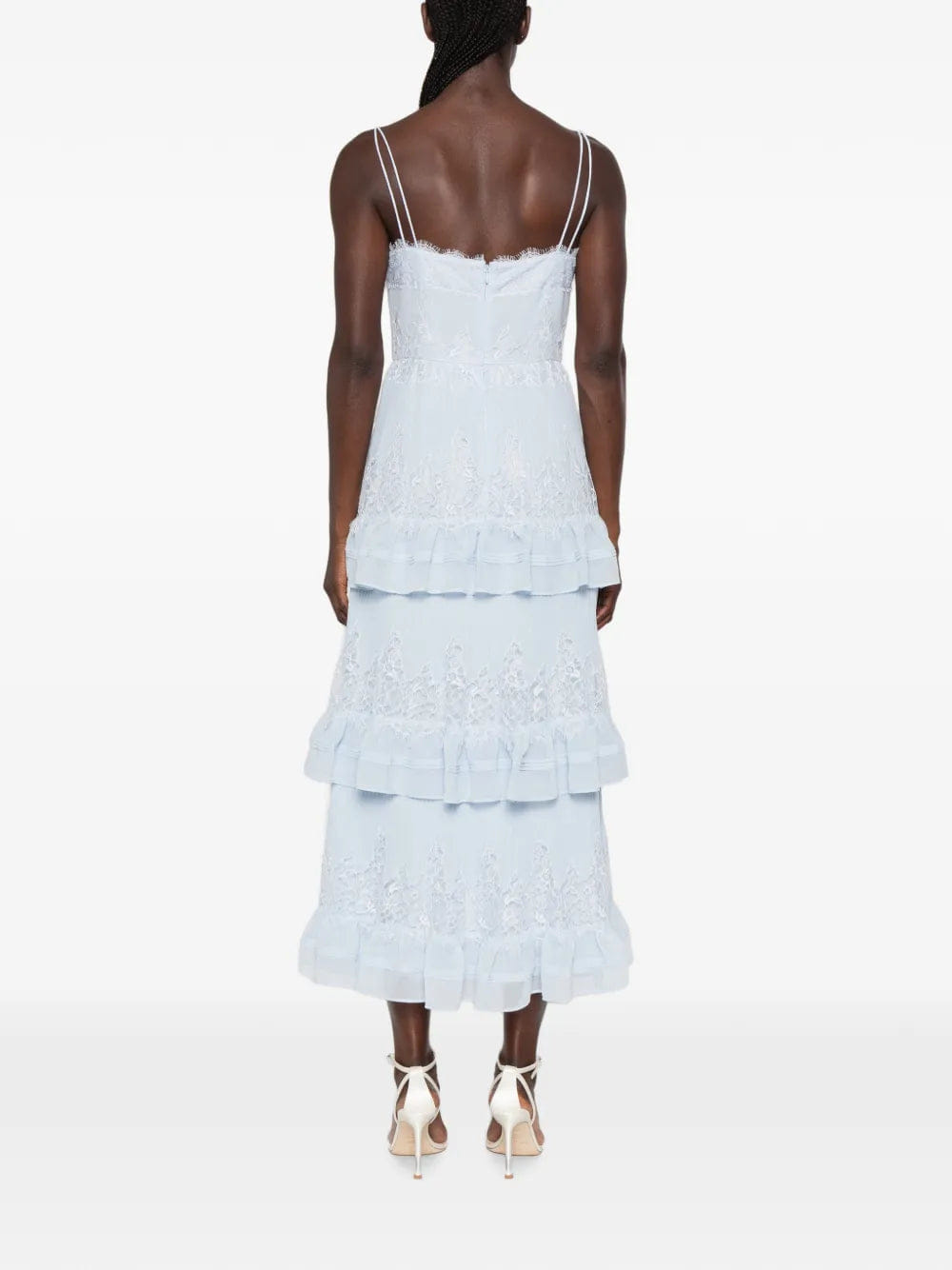 Self-Portrait lace-trimmed tiered midi dress