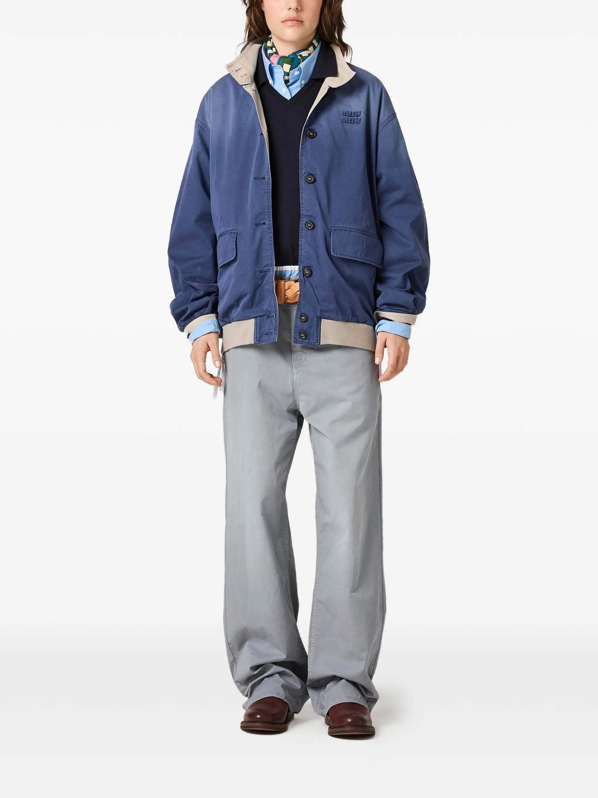 Miu Miu faded-effect logo-embroidered jacket