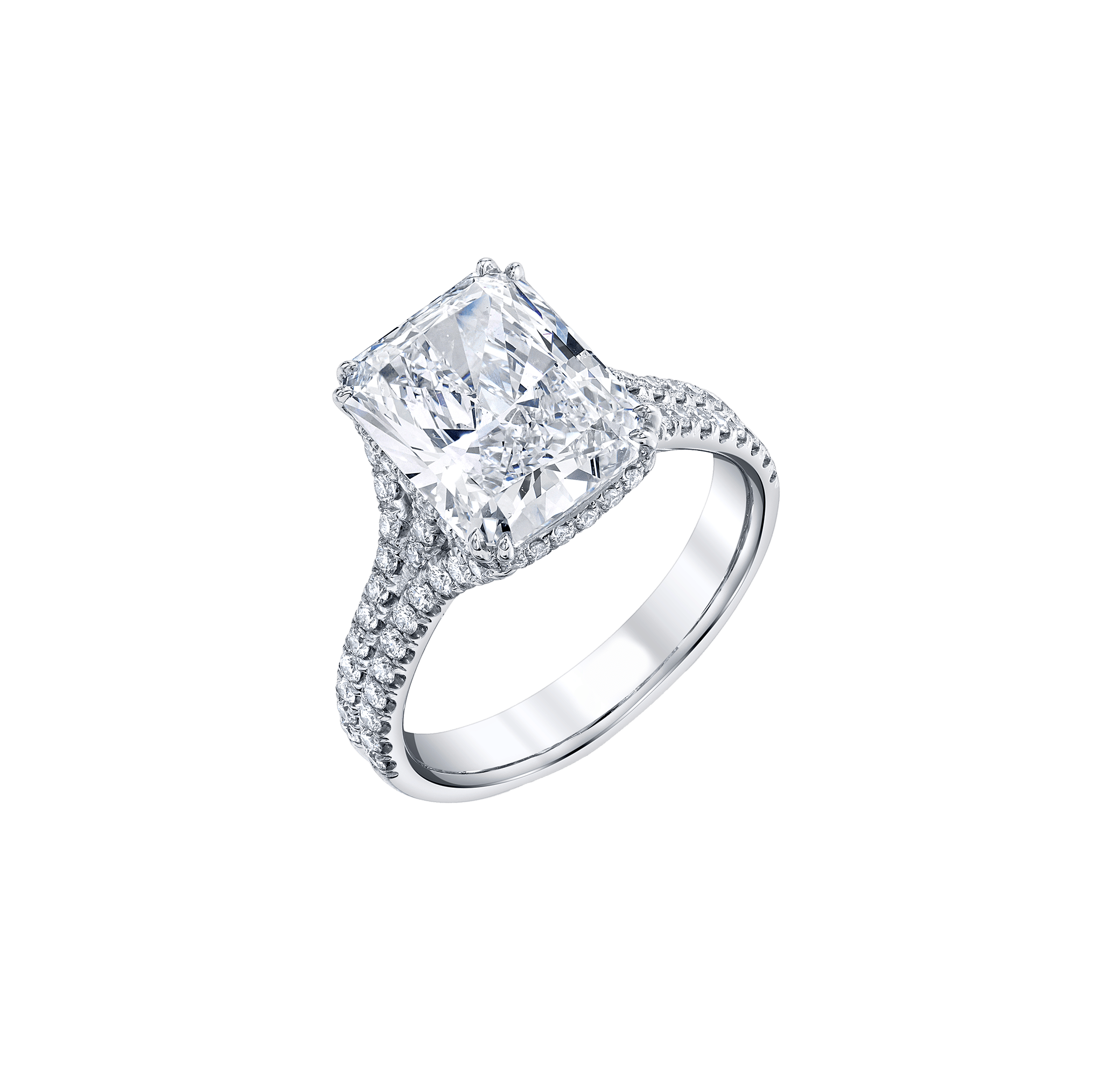 Fink's Exclusive Radiant Cut Diamond Engagement Ring with Diamond Pave Shank in Platinum