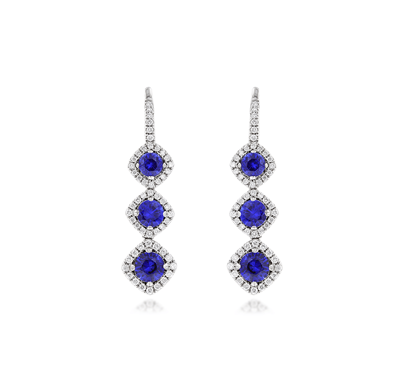 Sabel Collection White Gold Round Blue Sapphire and Diamond Drop Earrings