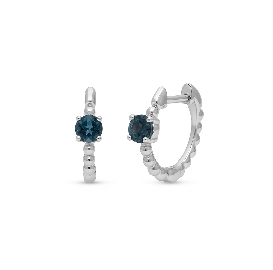 Sabel Collection White Gold Beaded Huggie Hoop Earrings with London Blue Topaz