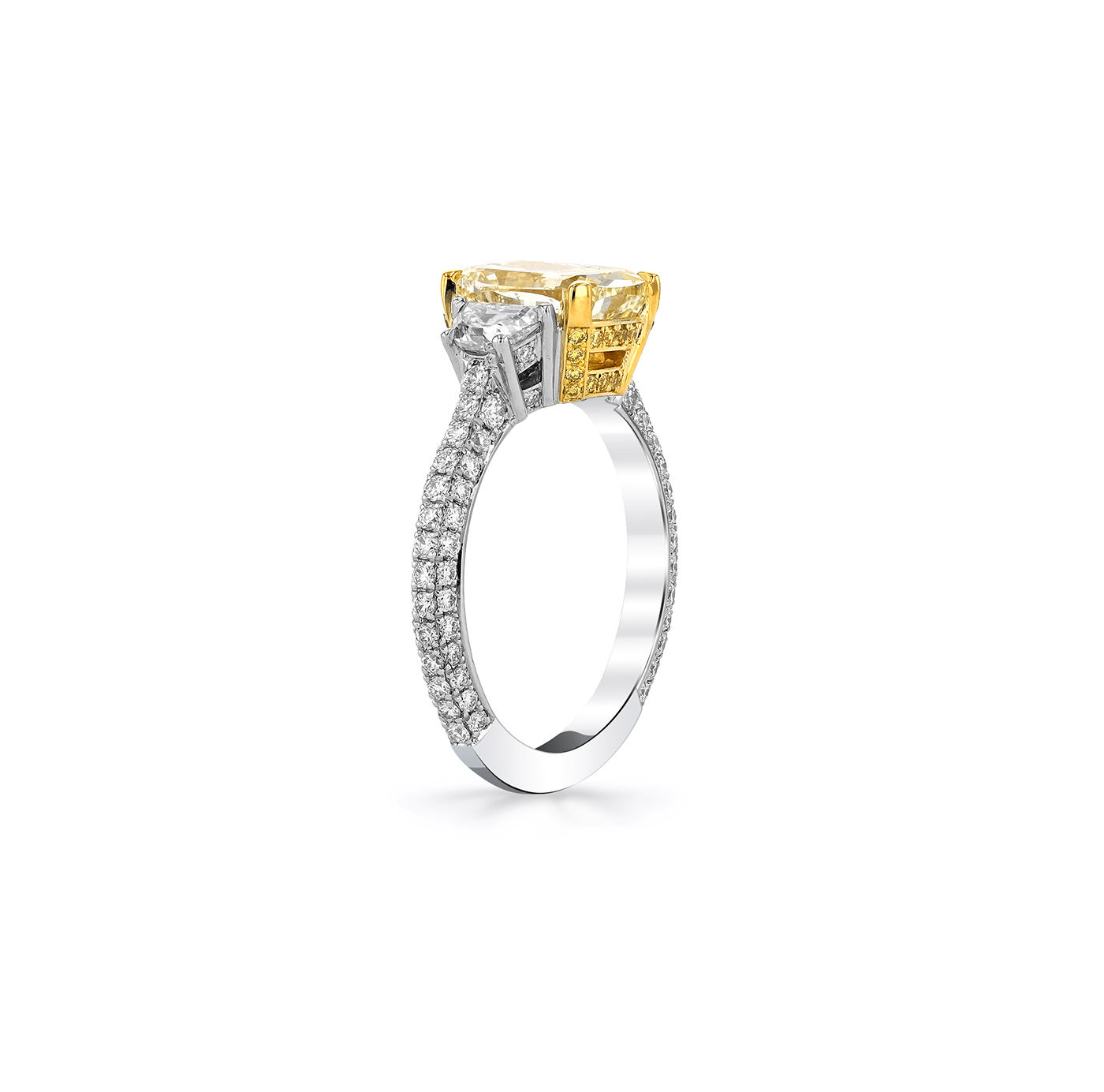 Fink's Exclusive Fancy Yellow Cushion Diamond Engagement Ring with Diamond Pave Shank