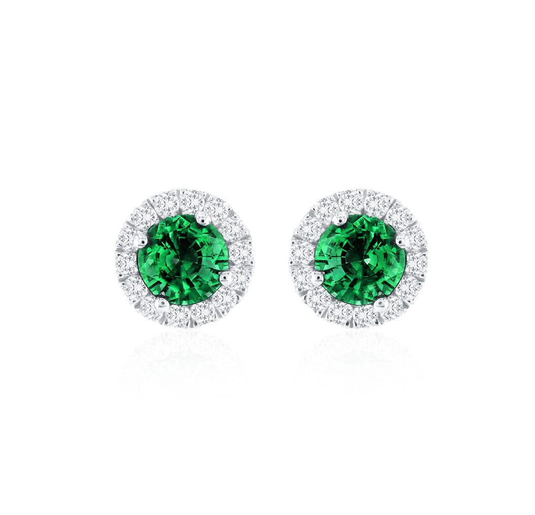 Sabel Collection White Gold Round Emerald and Diamond Halo Stud Earrings