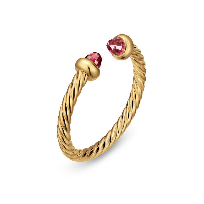 David Yurman Micro Cablespira Flex Open Ring in 18K Yellow Gold with Pink Tourmalines, 2.5mm, Size 6