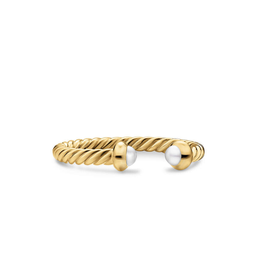 David Yurman Micro Cablespira Flex Open Ring in 18K Yellow Gold with Pearls, 2.5mm, Size 7