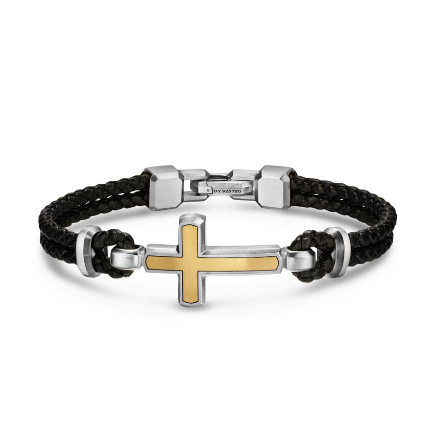 David Yurman Streamline Cross Station Bracelet in Black Leather with Sterling Silver and 14K Yellow Gold, 17mm, Size Medium