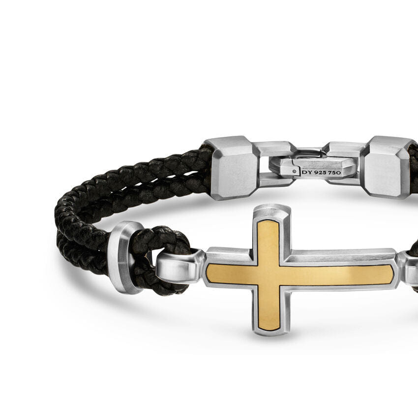 David Yurman Streamline Cross Station Bracelet in Black Leather with Sterling Silver and 14K Yellow Gold, 17mm, Size Medium