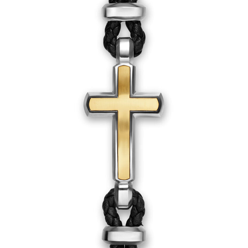 David Yurman Streamline Cross Station Bracelet in Black Leather with Sterling Silver and 14K Yellow Gold, 17mm, Size Medium