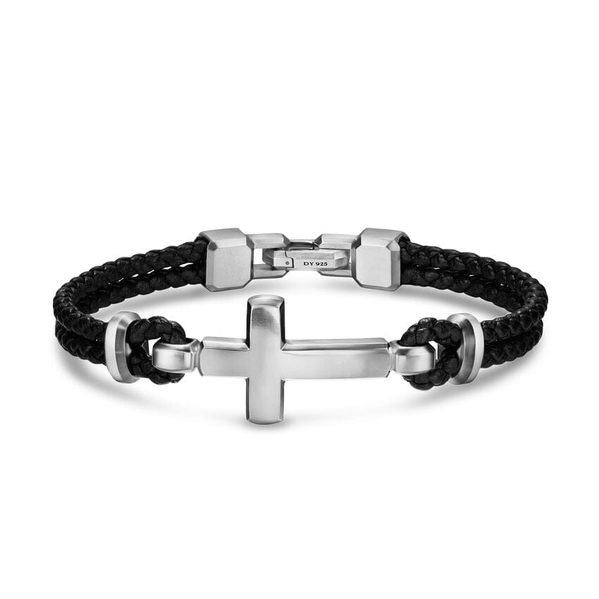 David Yurman Streamline Cross Station Bracelet in Black Leather with Sterling Silver, 17mm, Size Small