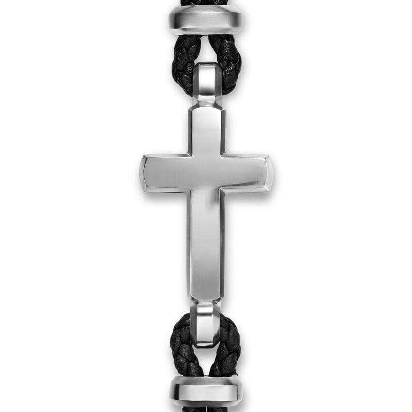 David Yurman Streamline Cross Station Bracelet in Black Leather with Sterling Silver, 17mm, Size Medium