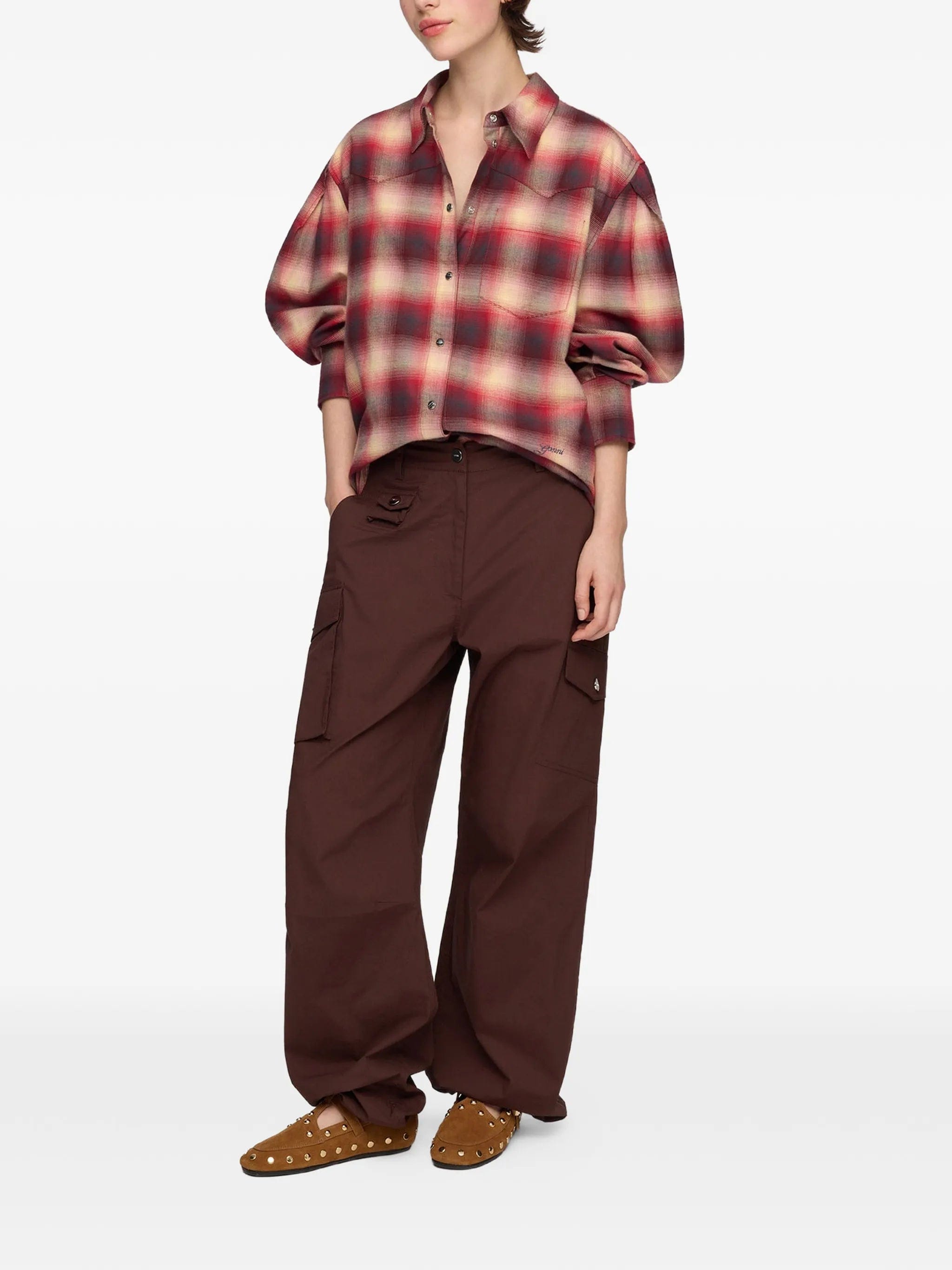 GANNI checked puff-sleeve shirt