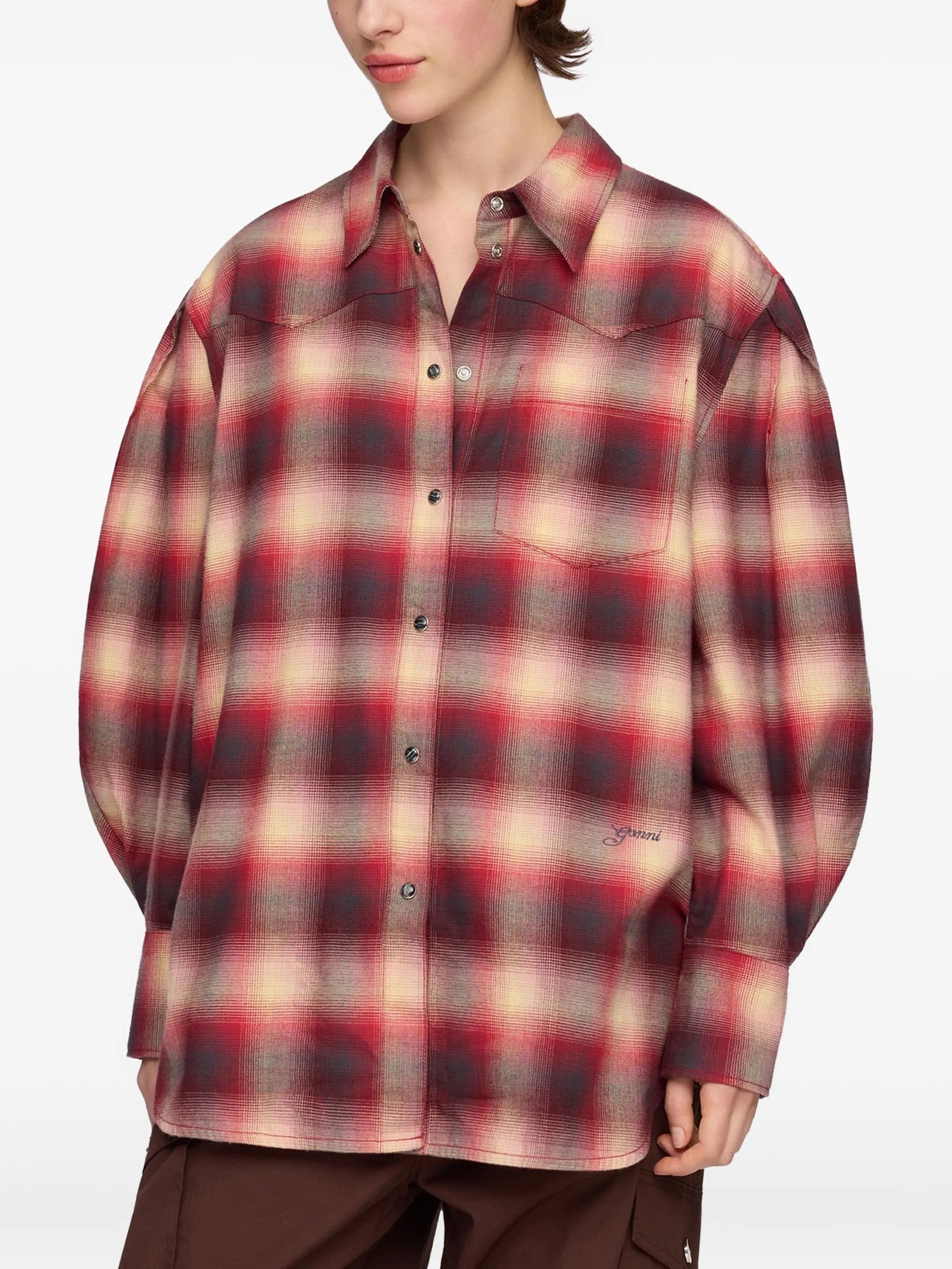 GANNI checked puff-sleeve shirt
