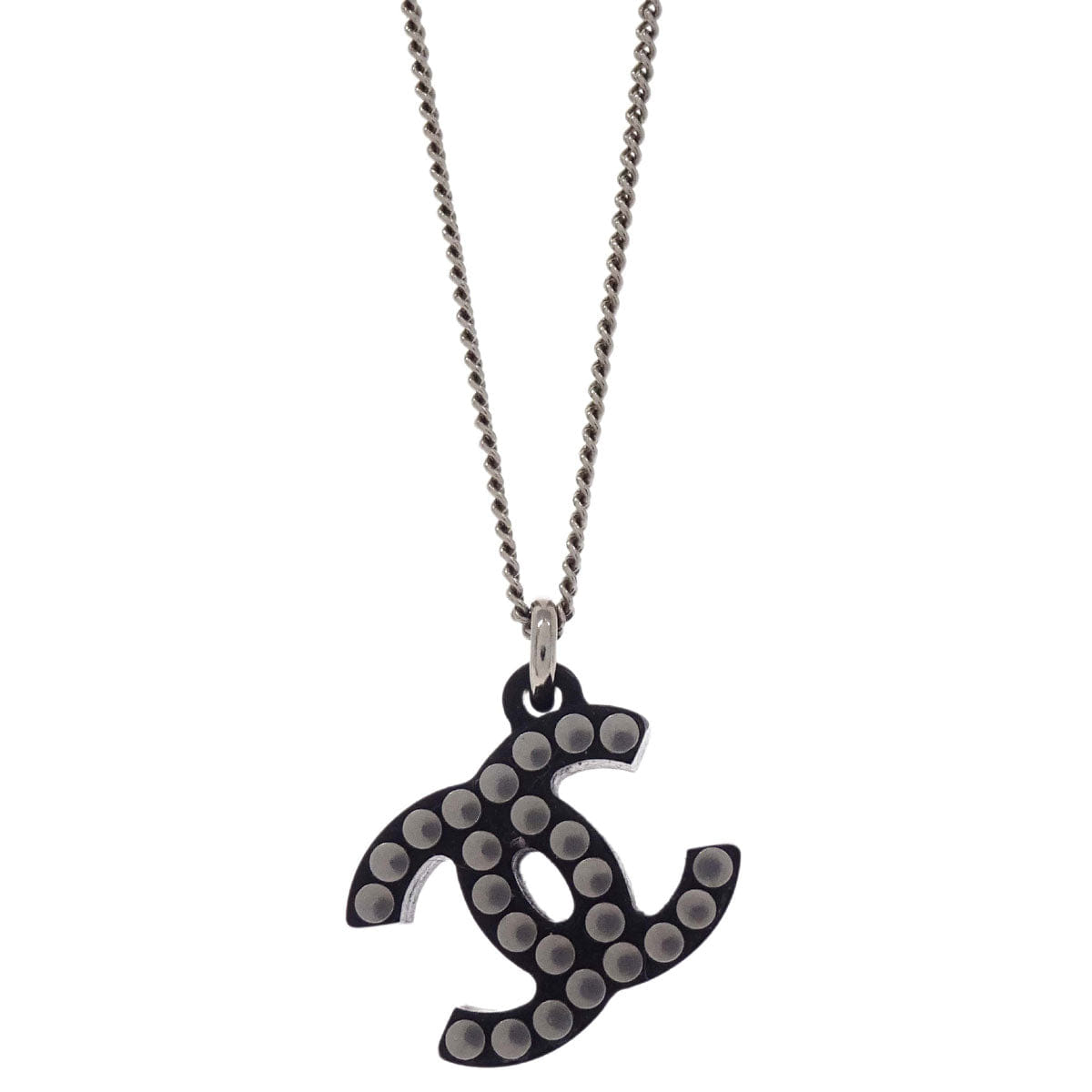 Chanel CC Chain Pendant Necklace Acrylic Silver Black 05P