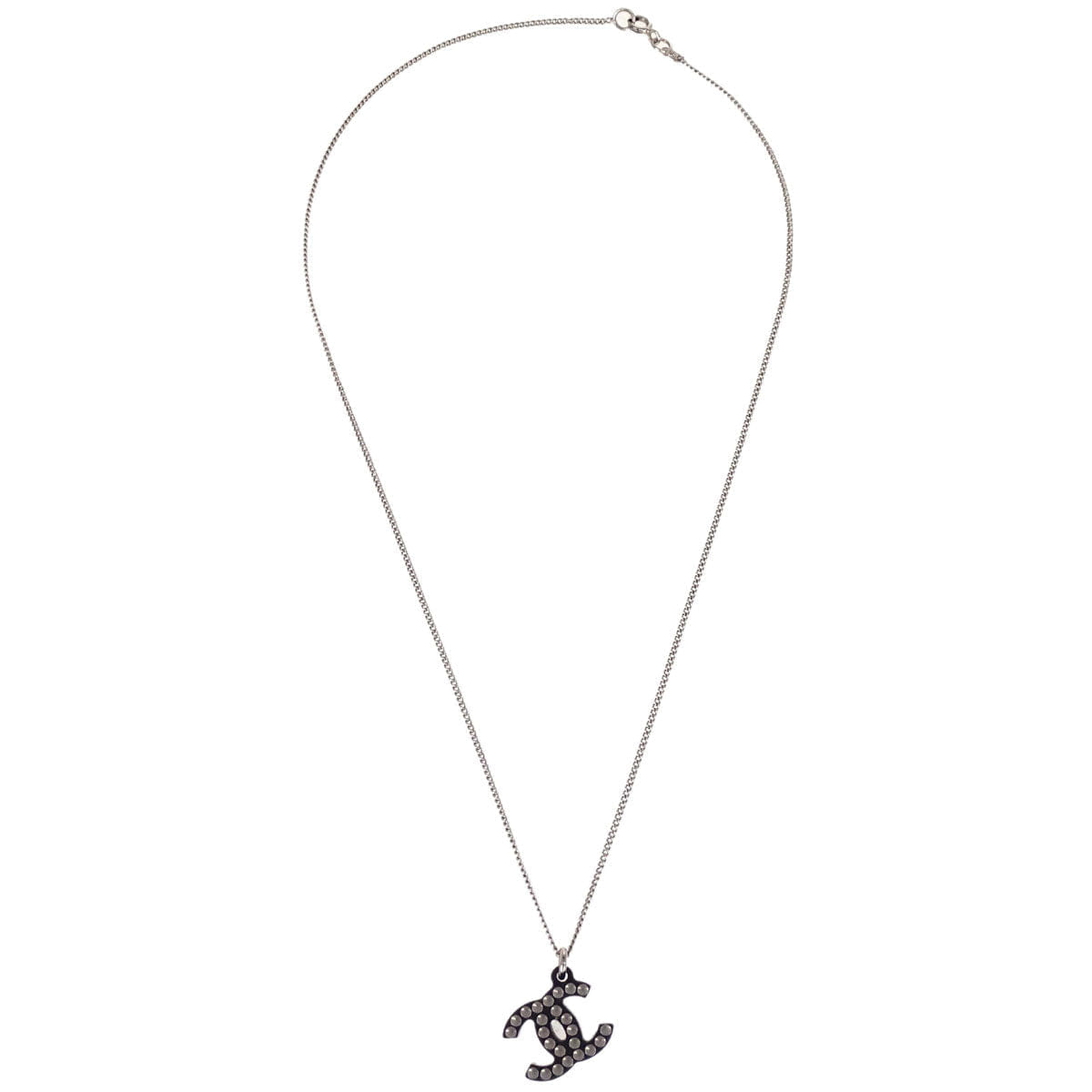 Chanel CC Chain Pendant Necklace Acrylic Silver Black 05P