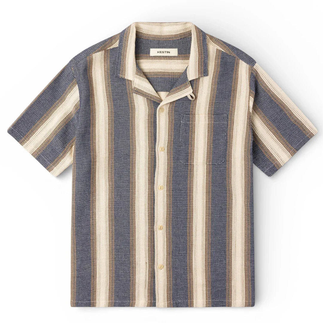 Kestin Crammond Shirt In Navy / Brown Stripe Open Weave