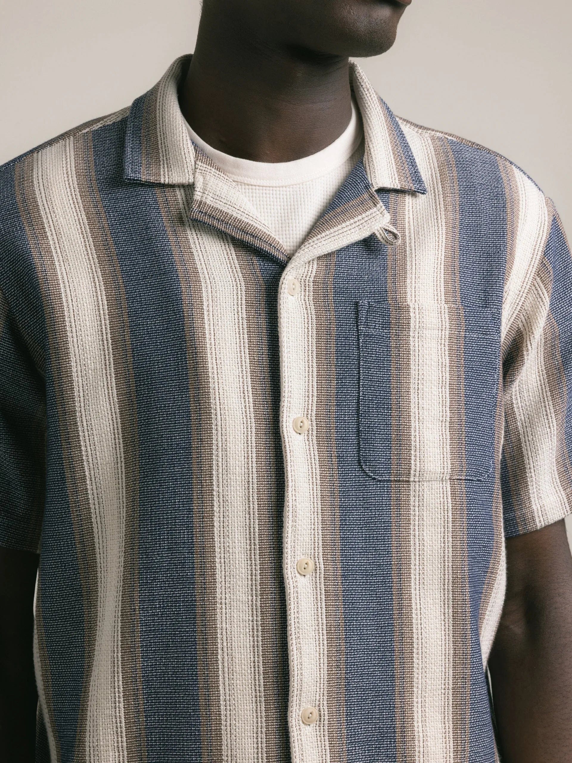 Kestin Crammond Shirt In Navy / Brown Stripe Open Weave