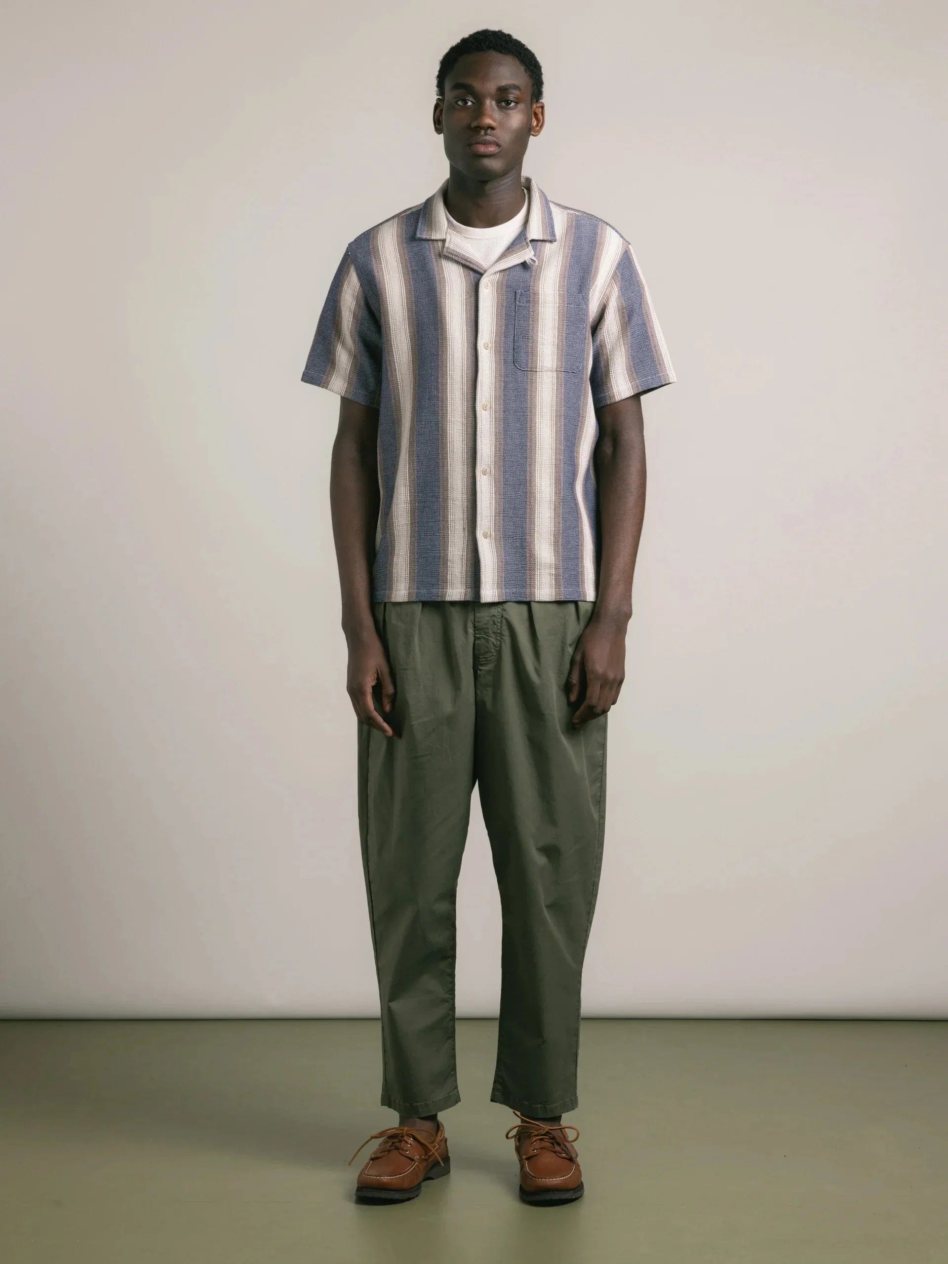 Kestin Crammond Shirt In Navy / Brown Stripe Open Weave