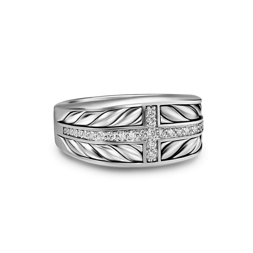 David Yurman Chevron Three Sided Signet Ring in Sterling Silver with Diamonds, 12.5mm, Size 11