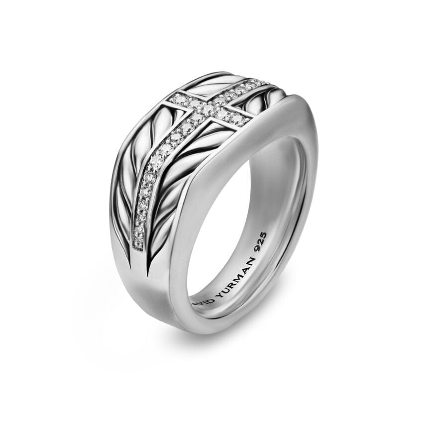 David Yurman Chevron Three Sided Signet Ring in Sterling Silver with Diamonds, 12.5mm, Size 10