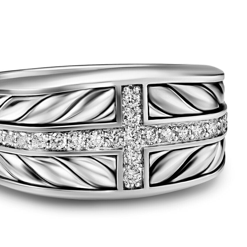 David Yurman Chevron Three Sided Signet Ring in Sterling Silver with Diamonds, 12.5mm, Size 10