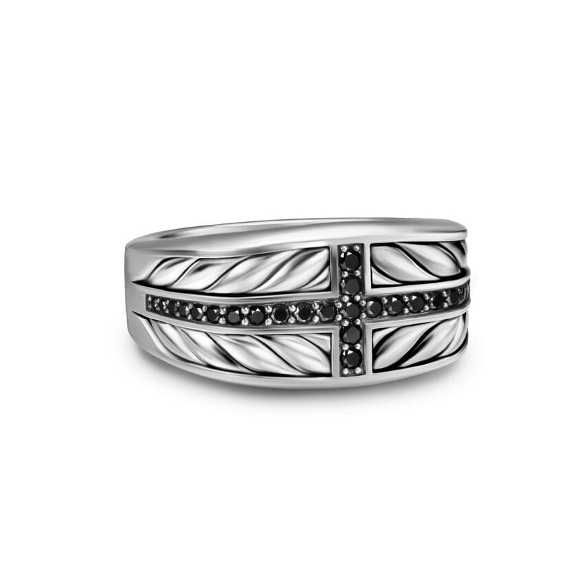 David Yurman Chevron Three Sided Signet Ring in Sterling Silver with Black Diamonds, 12.5mm, Size 10