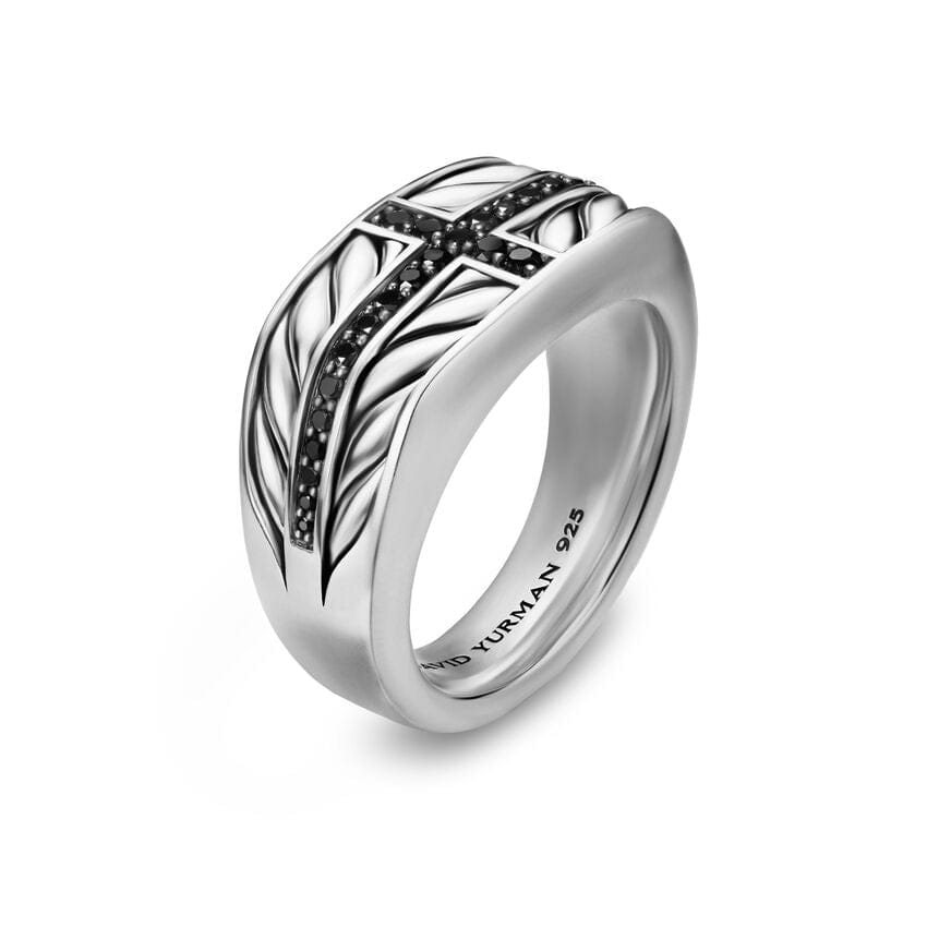 David Yurman Chevron Three Sided Signet Ring in Sterling Silver with Black Diamonds, 12.5mm, Size 10