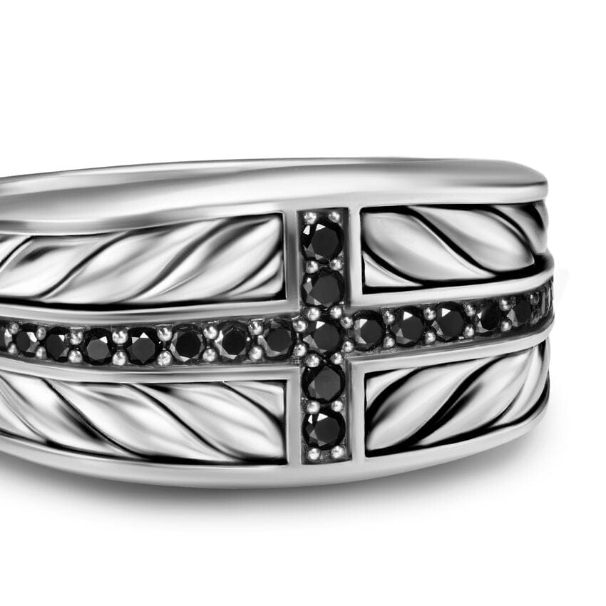 David Yurman Chevron Three Sided Signet Ring in Sterling Silver with Black Diamonds, 12.5mm, Size 10