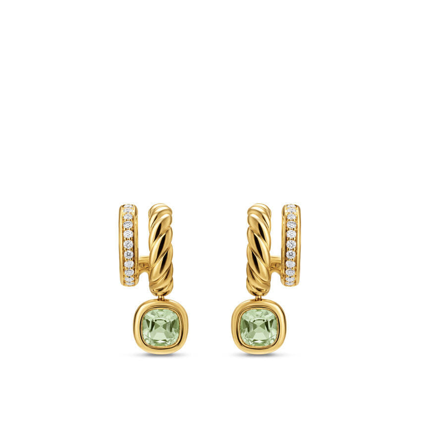 David Yurman DY Mercer Color Two Row Drop Earrings in 18K Yellow Gold with Prasiolite and Diamonds, 19.5mm