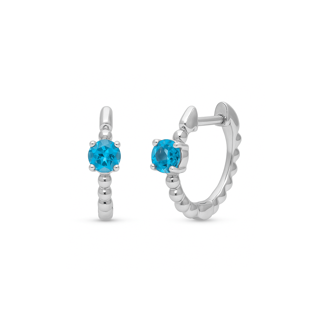 Sabel Collection White Gold Beaded Huggie Hoop Earrings with Sky Blue Topaz