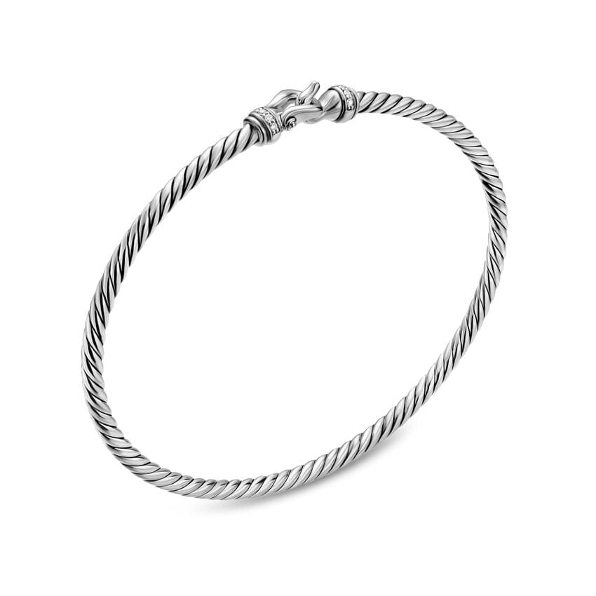 David Yurman Micro Cable Flex Buckle Bracelet in Sterling Silver with Diamonds, 2.6mm, Size Medium