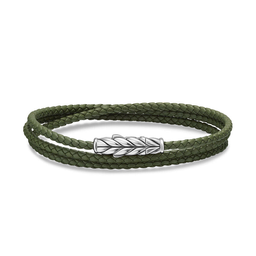 David Yurman Chevron Triple Wrap Bracelet in Green Leather with Sterling Silver, 3mm, Size Medium