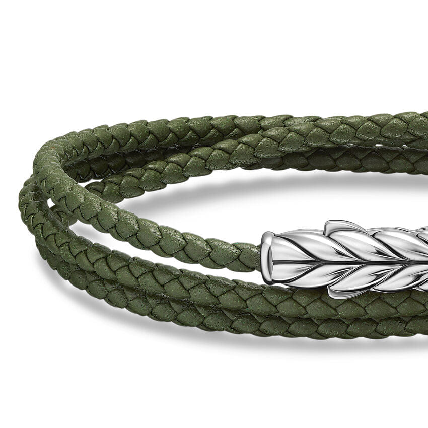 David Yurman Chevron Triple Wrap Bracelet in Green Leather with Sterling Silver, 3mm, Size Medium