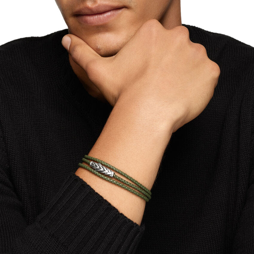 David Yurman Chevron Triple Wrap Bracelet in Green Leather with Sterling Silver, 3mm, Size Medium