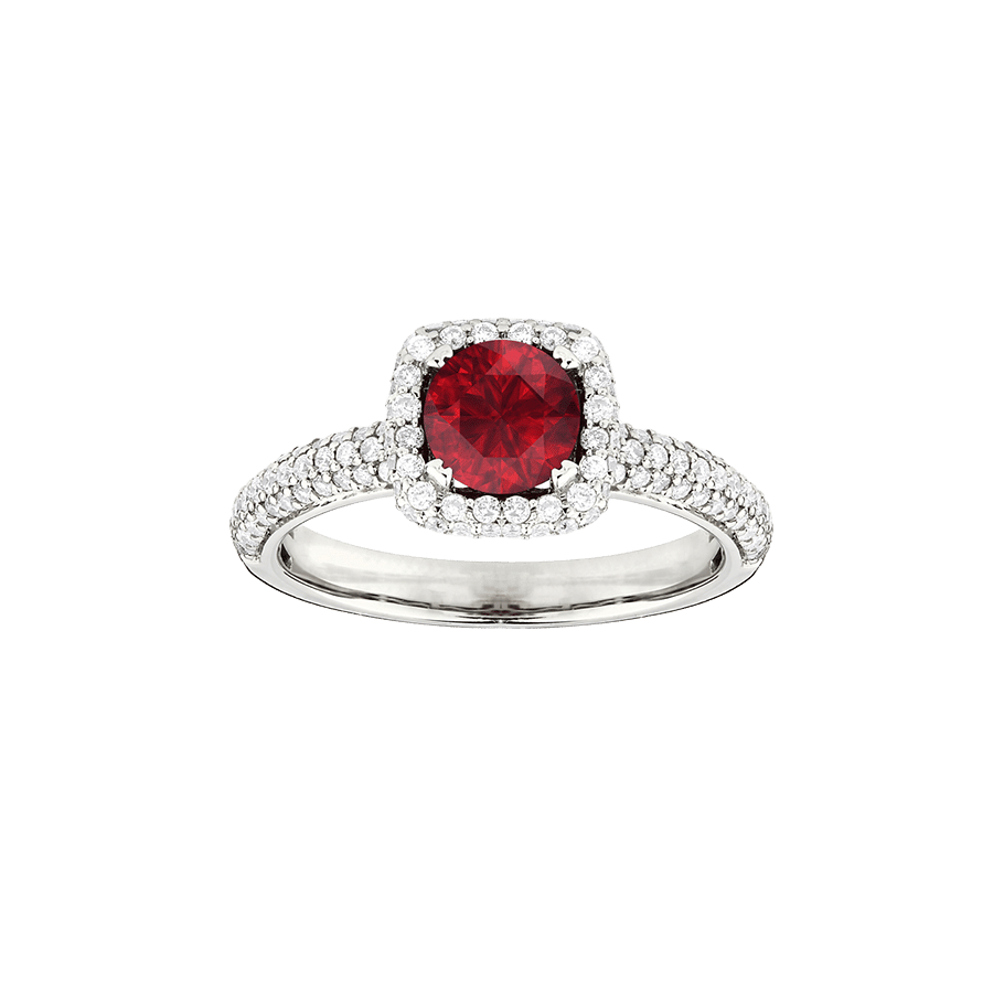 Sabel Collection White Gold Cushion Ruby and Diamond Halo Ring