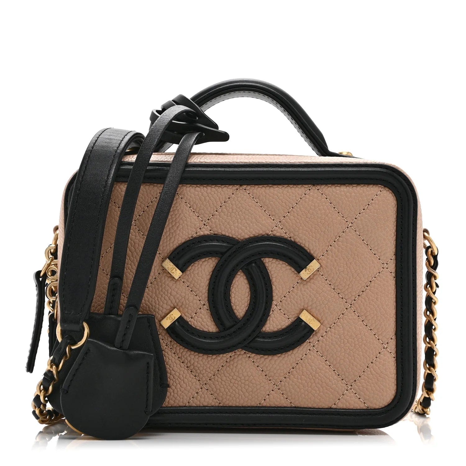 Chanel CC Filigree Small Vanity Case Beige Black Quilted Caviar Leather Crossbody Bag